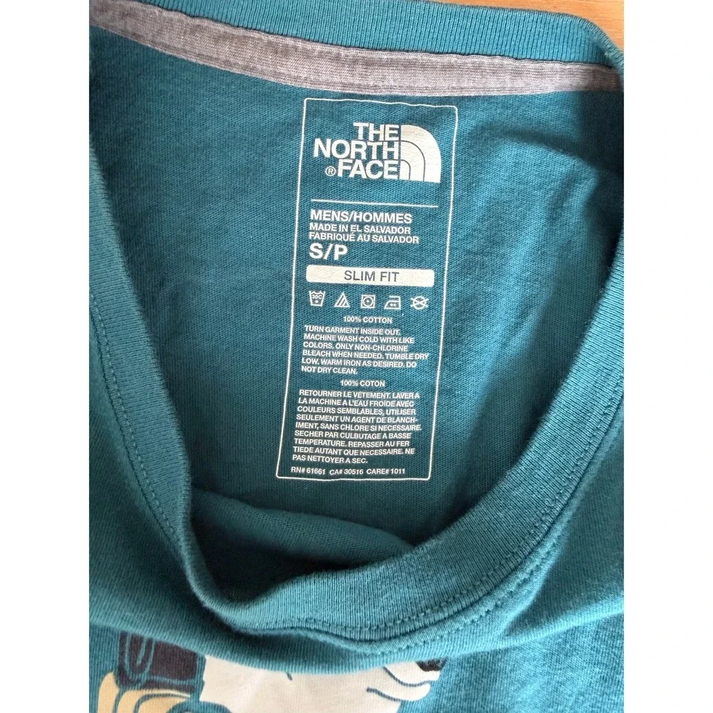 The North Face Mens Teal Blue Hiking Polar Bear Graphic T-Shirt Slim Fit Small